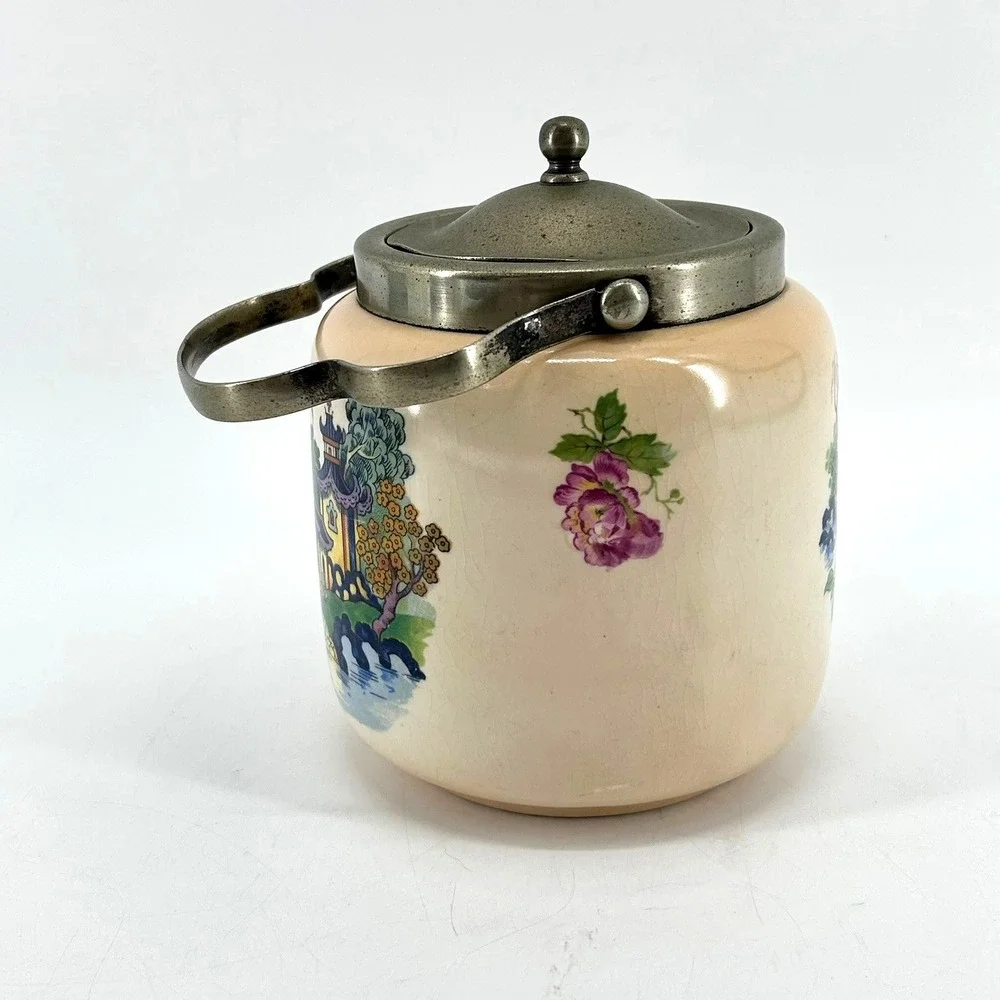 Vintage English Flosmaron Chinoiserie Ceramic Biscuit Barrel Pagoda Jar Lidded